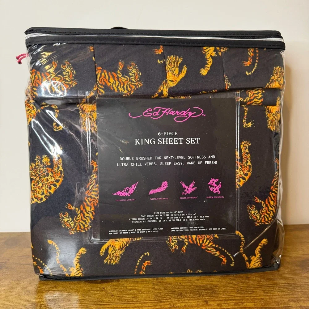 New Ed Hardy King 6 Pc Double Brushed Sheet Set Black Orange Tiger Bedding Y2K